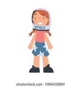 Smiling Girl Wearing Space Helmet Playing Pretending Being Astronaut Vector Illustration