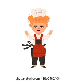 Smiling Girl Wearing Toque and Apron Standing in the Kitchen Vector Illustration