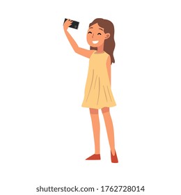 Smiling Girl Wearing Yellow Dress Taking Selfie Photo, Cute Child Character Photographing Herself with Smartphone Cartoon Vector Illustration