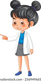 Smiling girl in a white coat pointing