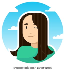 A smiling girl winks; round icon on a background of sky and clouds. Stylized vector caucasian girl.