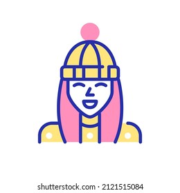 Smiling girl in winter hat. Pixel perfect, editable stroke fun color icon