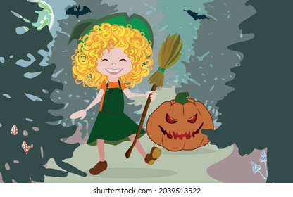 A smiling GIRL in a witch costume. Trick or treat tradition. Flat style vector illustration. girl with pumpkin. child with pumpkin