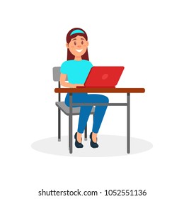 Smiling girl working on laptop computer at her office desk vector Illustration on a white background