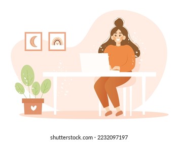 Smiling girl working on a laptop at her home. Cute flat cartoon vector illustration. Freelance and home studying concept