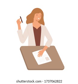 Smiling girl writing test with paper and pen sitting at desk vector flat illustration. Happy woman representation of resume isolated on white background. Joyful recruiter female review cv applicant