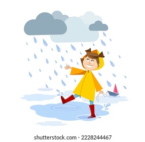 smiling girl in a yellow raincoat walking under the rain
