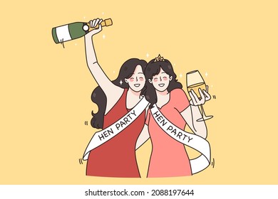 Smiling girlfriends drink champagne celebrate hen party together. Happy young women in dressed have fun at bachelorette celebration. Marriage and engagement. Bride to be. Flat vector illustration. 