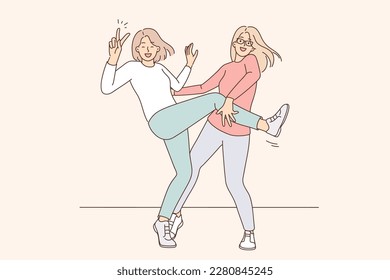 Smiling girlfriends have fun dancing together. Happy girls act crazy and funny, enjoy activity. Friendship concept. Vector illustration. 