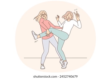 Smiling girlfriends have fun dancing together. Happy girls act crazy and funny, enjoy activity. Friendship concept. Vector illustration.