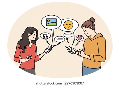 Smiling girlfriends using cellphones communicating online on social media. Happy girls chat text on internet on smartphones, send share messages on devices. Communication. Vector illustration.