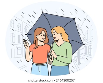 Smiling girlfriends walking under umbrella on city street. Happy friends walk in rain enjoy talk or chat on weekend. Friendship. Vector illustration.