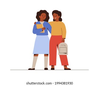 Chicas sonrientes de vuelta a la escuela o la universidad. Compañeras de clase o amigas afroamericanas con mochila y libros juntos. Ilustración del vector