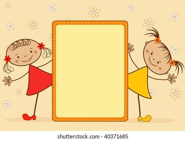 Smiling girls. Cartoon. Vector illustration with place for text.