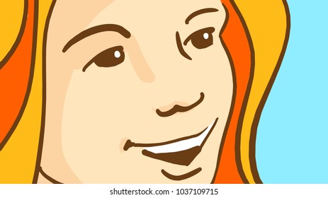 Smiling girl's face. Cheerful lady with red hair. Cartoon color vector sketch.
