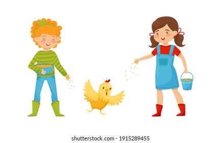 Smiling Girls Feeding Farm Bird Hen Throwing Grains on the Ground Vector Illustration