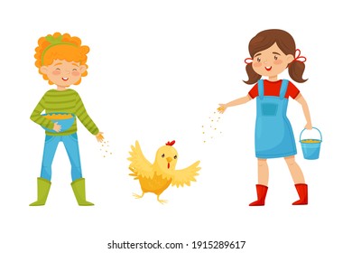 Smiling Girls Feeding Farm Bird Hen Throwing Grains on the Ground Vector Illustration