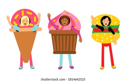 Smiling Girls in Food Costumes Standing and Waving Hand Vector Illustration Set