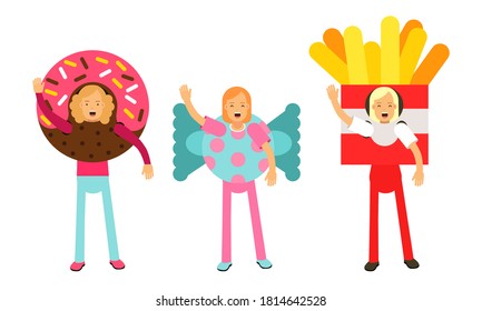 Smiling Girls in Food Costumes Standing and Waving Hand Vector Illustration Set