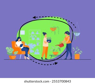 Smiling girls in greenhouse growing plants in pots isolated flat vector illustration. Cartoon characters caring for houseplants in home garden. Hobby and modern interior concept