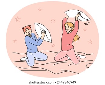 Smiling girls have fun engaged in pillow fight in bedroom. Happy children enjoy pajama party in bed at home. Vector illustration.