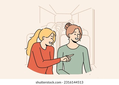 Smiling girls have fun riding in bus. Happy women enjoy bus ride looking in windows. Vector illustration. 