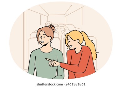 Smiling girls have fun riding in bus. Happy women enjoy bus ride looking in windows. Vector illustration.