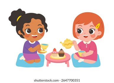 Smiling girls having a pretend tea party with colorful cups and cupcakes. A sweet and playful moment shared between friends indoors.