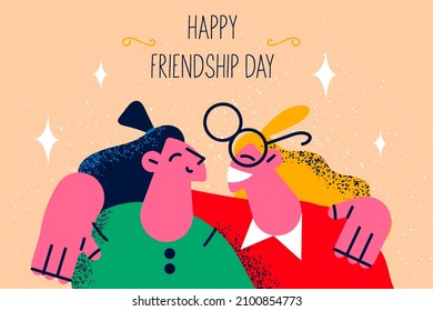 Smiling girls hug enjoy good long friendship. Happy diverse young women friends embrace cuddle. Girlfriends relax together celebrate occasion. Unity and relationship. Vector illustration. 