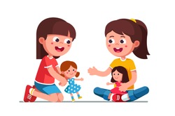 Smiling Girls Kids Playing With Dolls. Happy, Kids Playing Together. Child Cartoon Characters With Cute Dolls. Childhood And Preschool Development. Flat Vector Illustration Isolated On White