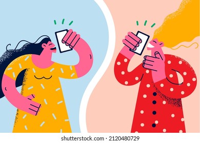 Las chicas sonrientes se ríen de hablar en llamadas de celulares usando una buena red de proveedores de celulares. Las jóvenes felices hablan en un smartphone, disfrutan de una agradable comunicación digital en un gadget. Ilustración vectorial. 