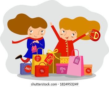 Smiling girls with packages bags with purchases after shopping. Happy customers got super sale. Paper bags and box with red tags, discount. Vector illustration, cartoon style.   