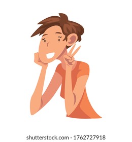 Smiling Girls Sitting, Looking at Us and Showing Victory Sign Cartoon Vector Illustration