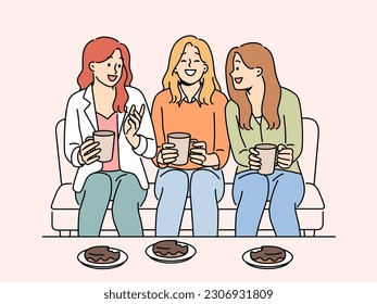 Smiling girls sitting on couch drinking tea eating desserts enjoying weekend together. Happy girlfriends relax with drinks and pastries at home. Vector illustration. 