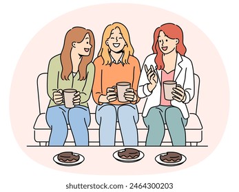 Smiling girls sitting on couch drinking tea eating desserts enjoying weekend together. Happy girlfriends relax with drinks and pastries at home. Vector illustration.