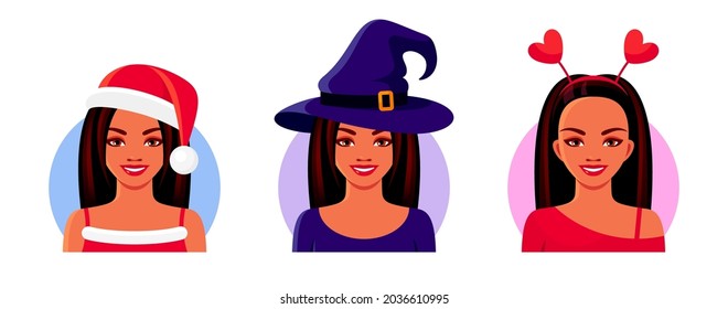 Smiling girls wearing masquerade costumes for Christmas, Halloween and Valentine's Day. Avatar faces of women with black long hair. Set of vector isolated illustrations