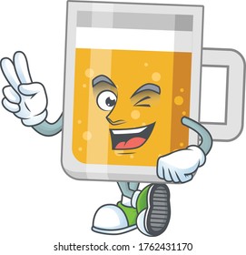 smiling glass of beer cartoon mascot style with two fingers