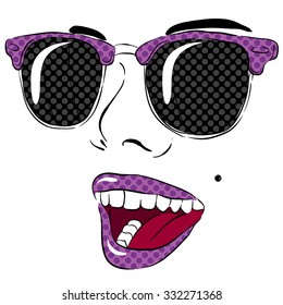 Smiling and glasses . Her lips . Pop Art. Vector illustration for greeting card, poster, or print on clothes.