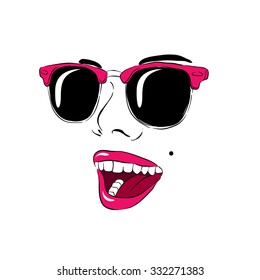 Smiling and glasses . Her lips . Pop Art. Vector illustration for greeting card, poster, or print on clothes.