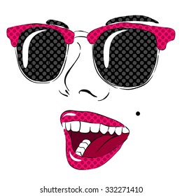 Smiling and glasses . Her lips . Pop Art. Vector illustration for greeting card, poster, or print on clothes.