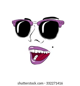 Smiling and glasses . Her lips . Pop Art.  Vector illustration for greeting card, poster, or print on clothes.