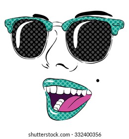 Smiling and glasses . Her lips . Pop Art. Vector illustration for greeting card, poster, or print on clothes.