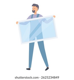 Smiling glazier carrying a big window pane, manual work and construction concept