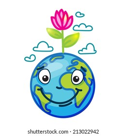 Smiling globe (Earth) in cartoon doodle style with pink flower on her head and clouds in the sky. For design, posters, cards, flyers, websites