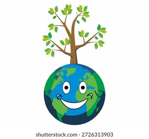 Smiling globe mascot with growing branches for eco-friendly concept