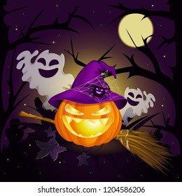 A smiling glowing pumpkin in a witch's hat, a spider, funny ghosts and a broomstick. Against the background of the night, the stars and the silhouettes of the scary trees. Vector illustration.