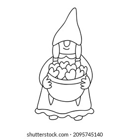 Smiling gnome with a bowl full of hearts. Funny character. Doodle hand drawn vector illustration isolated on white. Great for coloring books, Valentine's day cards.