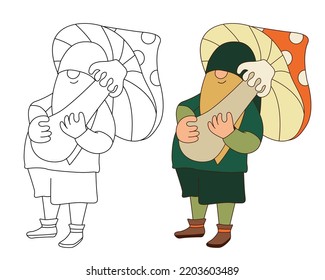 Smiling gnome with fly agaric mushroom. Hand drawn doodle vector illustration. Black outline. Great for coloring books. 