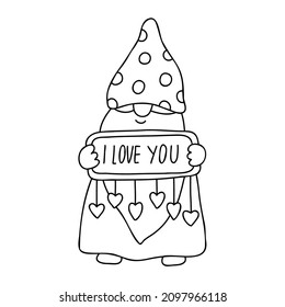 Smiling gnome with a sign I love you. Funny character. Doodle hand drawn vector illustration isolated on white. Great for coloring books, Valentine's day cards.