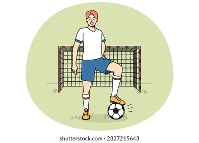 Smiling goalkeeper in uniform standing on field. Happy man player with ball playing football outdoors. Sport and hobby. Vector illustration.